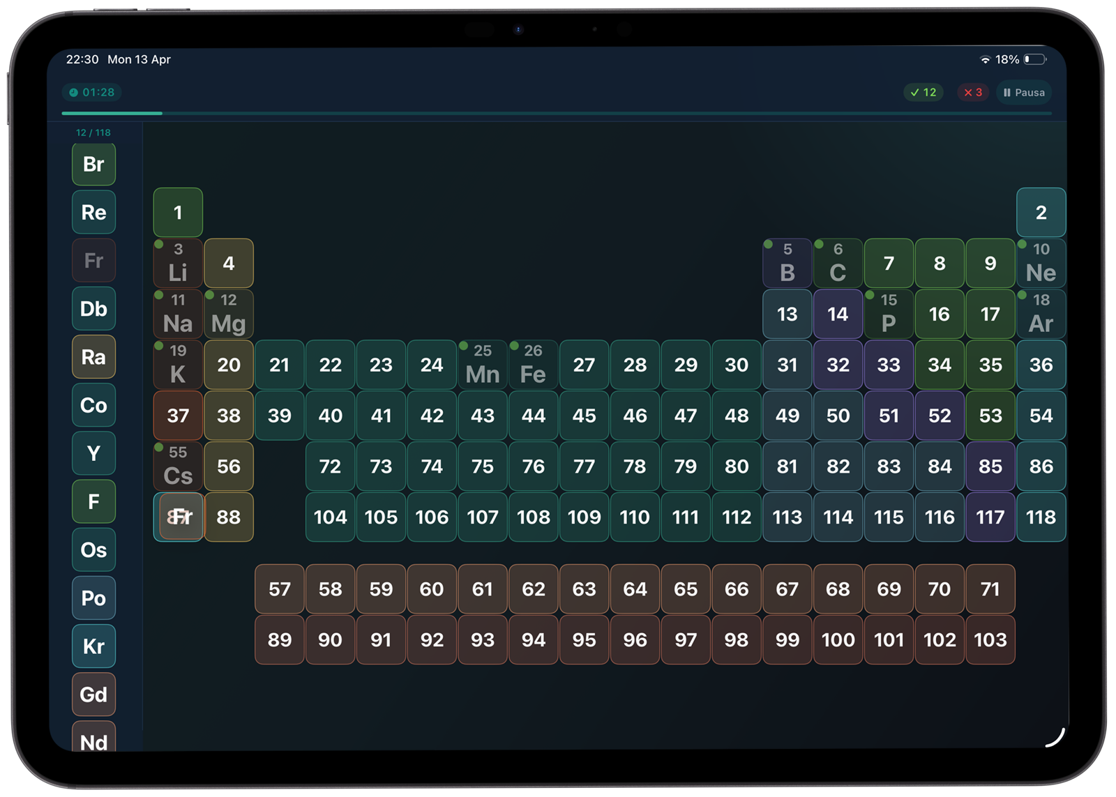 Drag and Match periodic table placement gameplay in Atomic Tab
