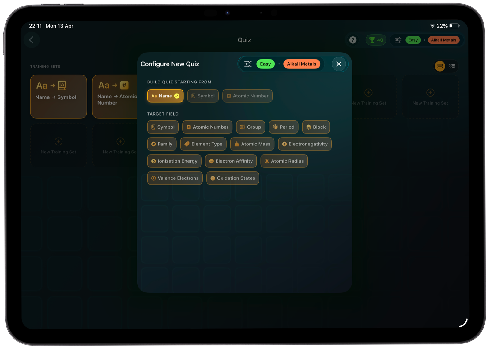 Atomic Tab training setup with element-property and difficulty controls