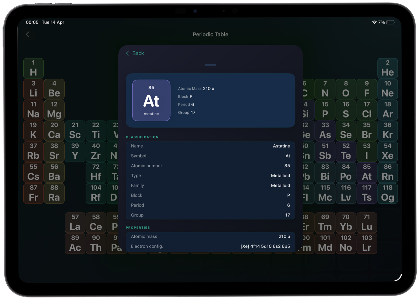 Interactive periodic table learning area with element details in Atomic Tab
