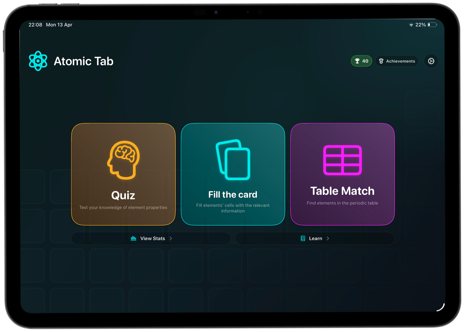Atomic Tab app interface with Quiz, Fill the Card, Table Match, stats, achievements, and learning entry points