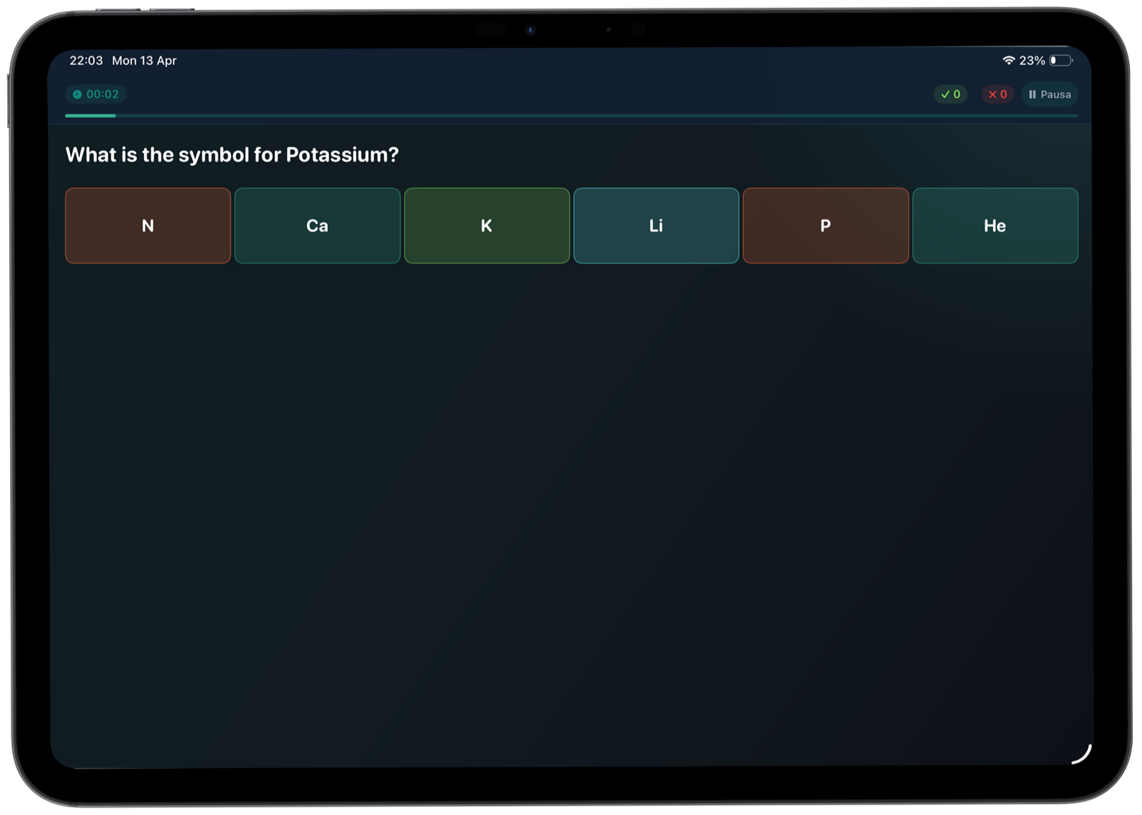 Multiple choice periodic table quiz round in Atomic Tab