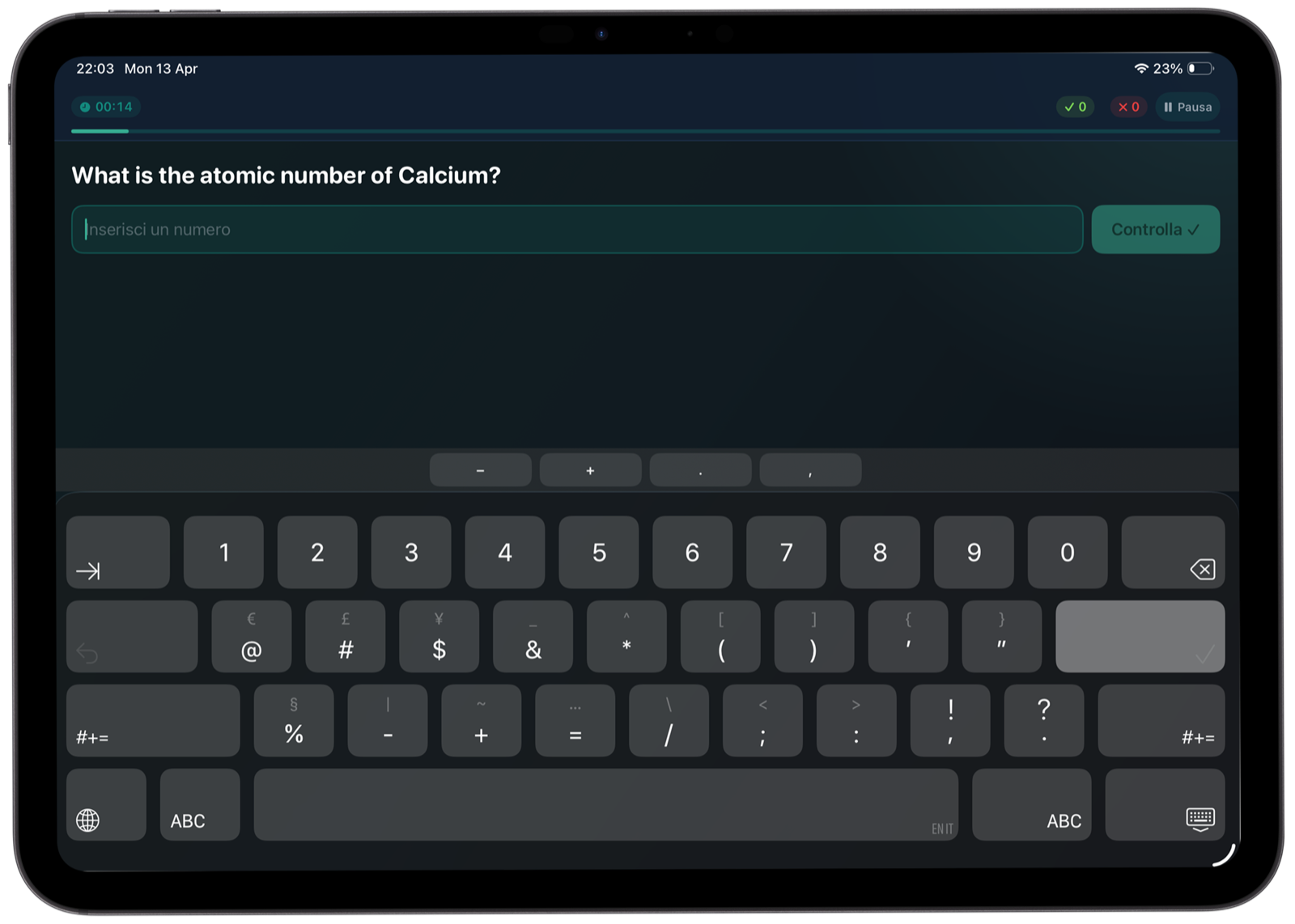 Typed-answer periodic table quiz round in Atomic Tab